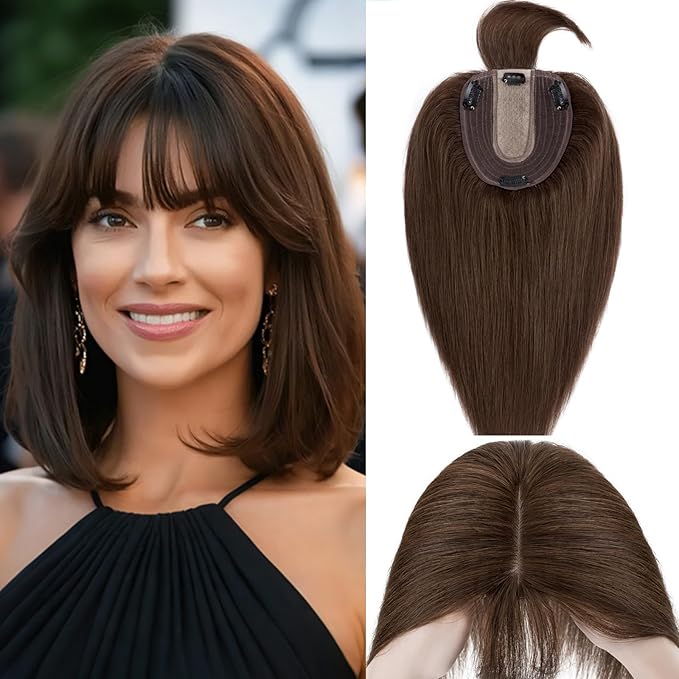 Rich Choices Hair Toppers for Women Real Human Hair 100% Remy Human Hairs Topper With Bang for Thinning Hairs Clip in Silk Base Topper 12 Inch #4 Medium Brown