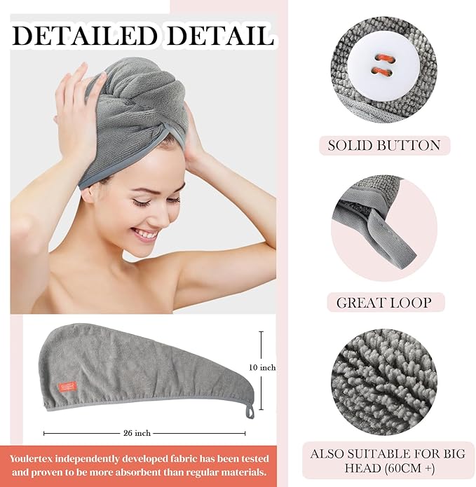Microfiber Hair Towel Hair Wrap: 2 Pack 10X26 Hair Dryer Towels for Women Absorbent Turban Twist Hair Drying Shower Cap Curly Hair Products for Hair Care Hair Accessories (10 2-Pcs White Beige)