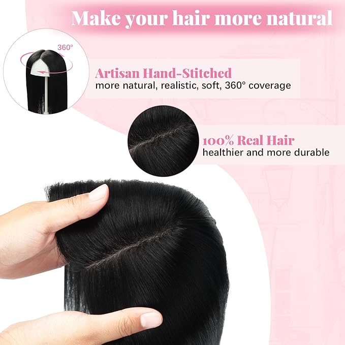Hair Toppers for Women Real Human Jet Black Hairpieces for Thinning Hair 6x7inch Large Base 360°3D Toppers for Women 14inch Clip in Extensions Add Volume 65g (#1Toppers-14inch)