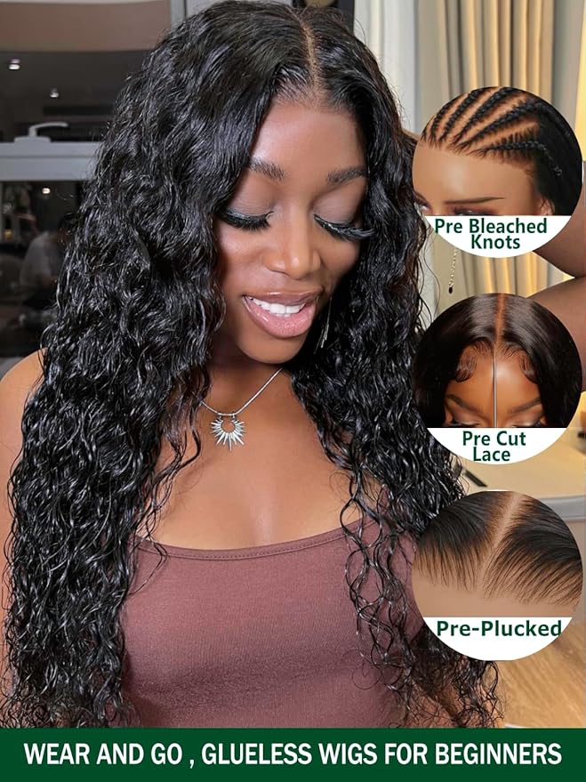 KLAIYI Bye Bye Knots Glueless Wig Pre Cut Water Wave HD Lace Front Wigs Human Hair Pre Bleached Pre Plucked Ready to Go Wigs for Women 30S Easy to Wear Put On and Go Curly Wig Beginner Friendly 18Inch