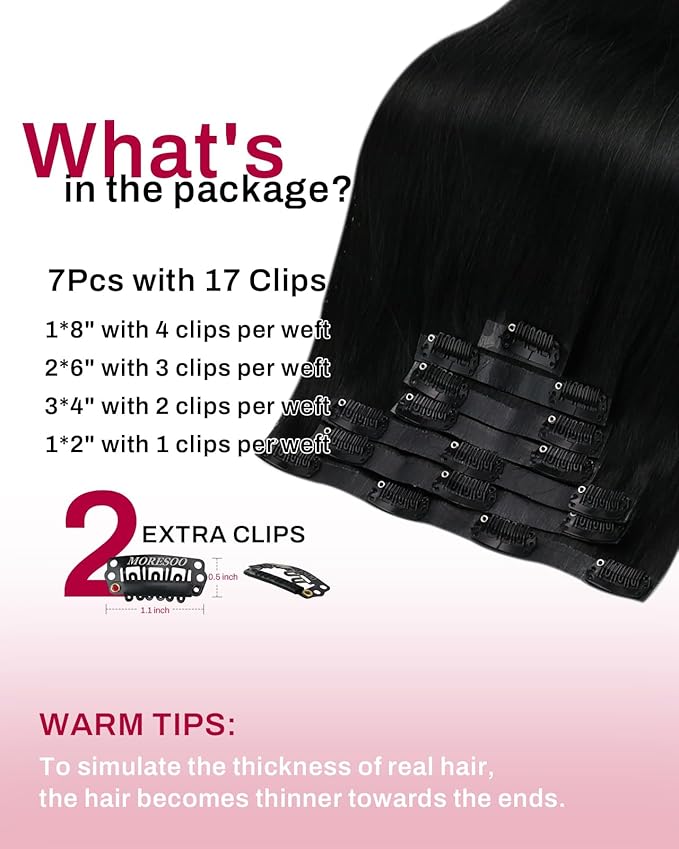 Moresoo Jet Black Human Hair Clip in Extensions Seamless Pu Skin Real Hair Extensions Clip in Human Hair Black Invisible for Women Thick And Long 150g/7pcs 22inch