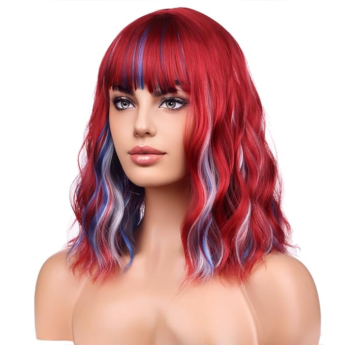 BERON 14 Inches 4th of July Wig Red White and Blue Wigs for Women Short Curly Red White and Blue Flag Wigs with Bangs for Daily Party Hairnet nclude