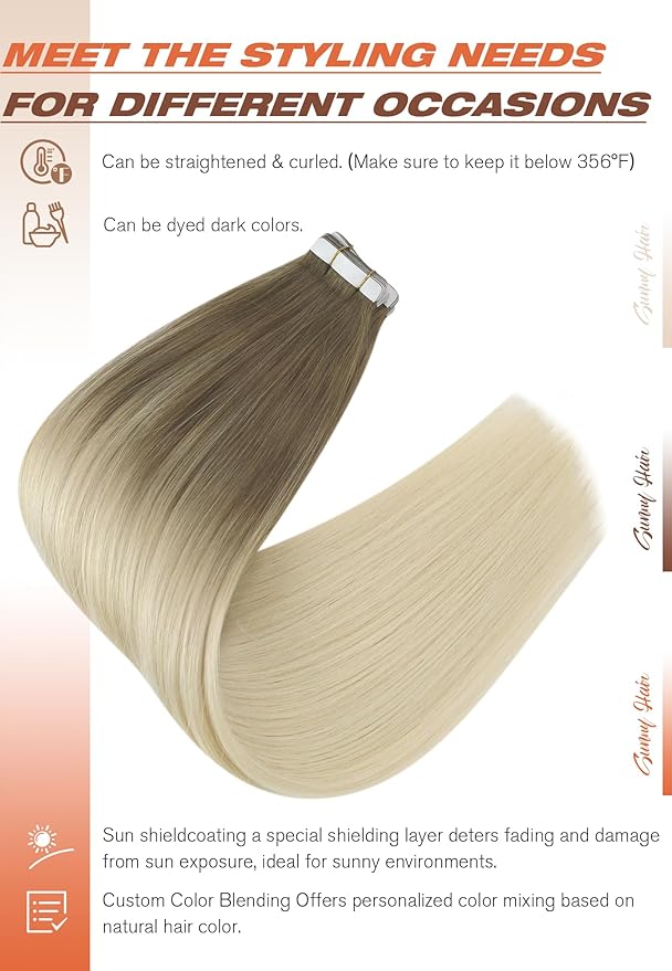 Sunny Hair Tape in Hair Extensions Real Human Hair Invisible Remy Hair Extensions Tape ins for Women Light Brown Root to Platinum Blonde Balayage 24 inch 20Pcs 50G