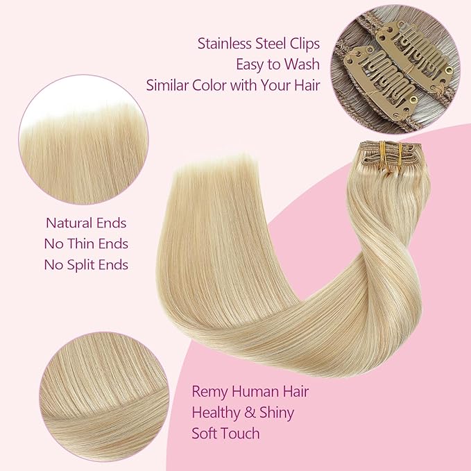 PINKPEARL Clip in Hair Extensions #27P60 Caramel Blonde Highlighted Platinum Blonde 120g 7pcs 18 Inch Clip in Hair Extensions Real Human Hair Hair Extension Clip Ins(#27P60-18)