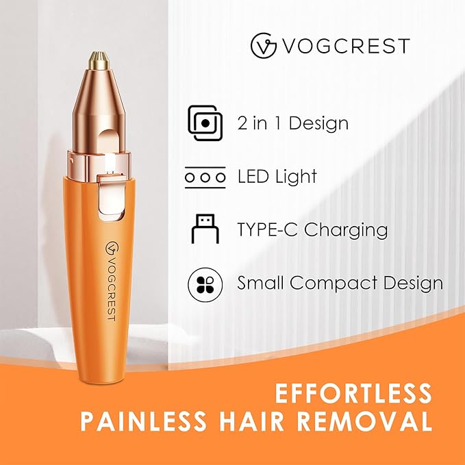 Eyebrow Facial Trimmer: 2 in1 Rechargeable Facial Hair Removal and Eyebrow Shaver - Face Lips Body Painless Facial Razor with Built-in LED Light (Orange)