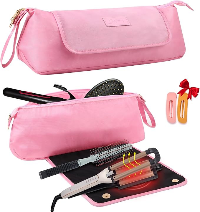 Large Hair Tools Travel Bag with Heat Resistant Mat for Straighteners, Curling Iron, Haircare Accessories, Hair Styling Tools Bag with Silicone Mat (Pink)