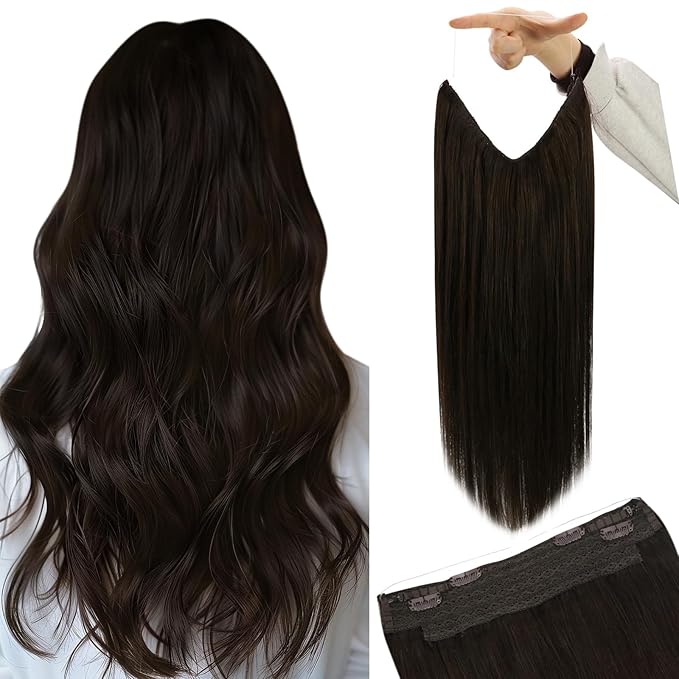 YoungSee Wire Human Hair Extensions Dark Brown Wire Hair Extensions Real Human Hair Straight Human Hair Fish Line Extensions Dark Brown 18Inch 80G