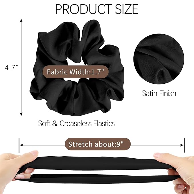 6Pcs Scrunchies for Women, Premium Satin Hair Scrunchies Sleep, Scrunchies For All Hair Types and Textures, Girls Ponytail Holders Hair Accessories -Black (Black)