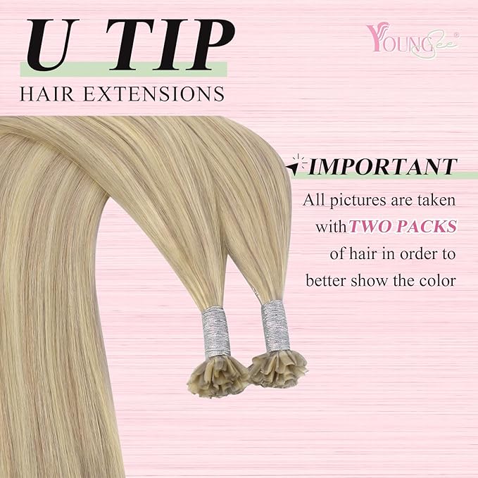 YoungSee U Tip Hair Extensions Human Hair Highlight U Tip Hair Extensions Ash Blonde with White Blonde Highlight Utip Hair Extension Human Hair 20 Inch Ktip Extension Remy Hair 1G/S 50G for Wedding