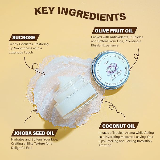 Coconut Lip Scrub - Gentle Exfoliation & Conditioning for Chapped Lips - 0.53oz Sugar Vegan Polish