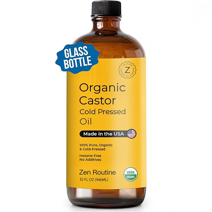 Zen Routine Organic Castor Oil (BIG Glass Bottle - 32oz) Hexane Free – Hair Growth Oil, Eye Lashes & Stomach – Pure 100% Cold Pressed Unrefined Oil for Castor Pack – USDA Certified, Made in the USA