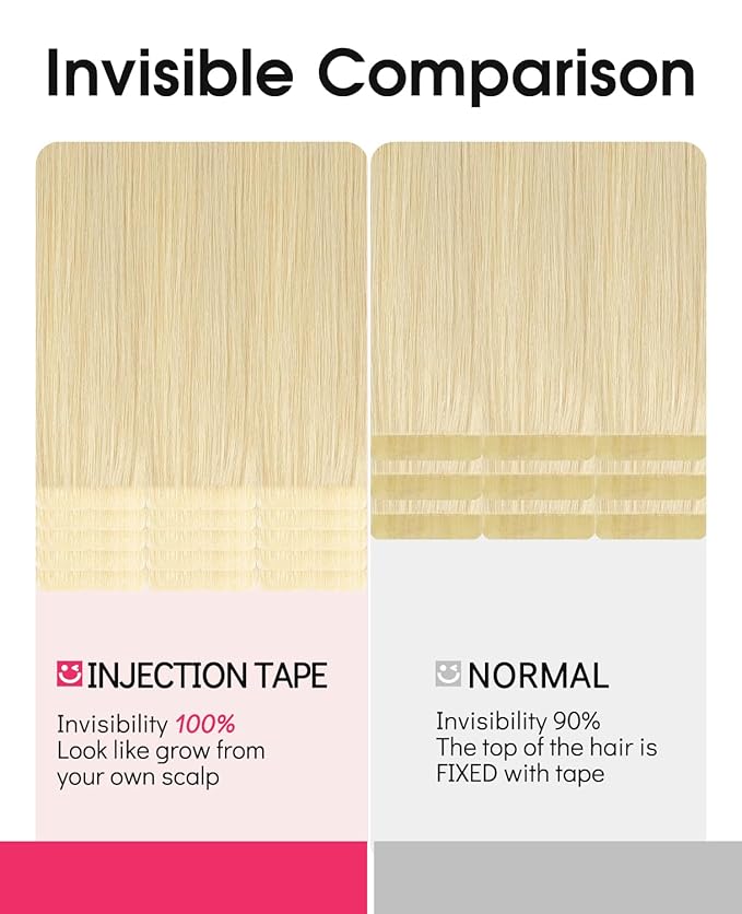 Youngsmile Injection Tape in Hair Extensions Human Hair #60 Platinum Blonde Invisi Edge Extensions 20pcs 45g 20 Inch Injected Tape in Hair Extensions Real Human Hair (#60,20'')