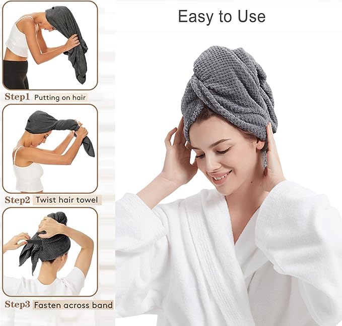Women Microfiber Hair Towel Wrap with Elastic Strap,Super Absorbent Anti Frizz Drying Turban for Curly, Long,Wet Hair- Grey
