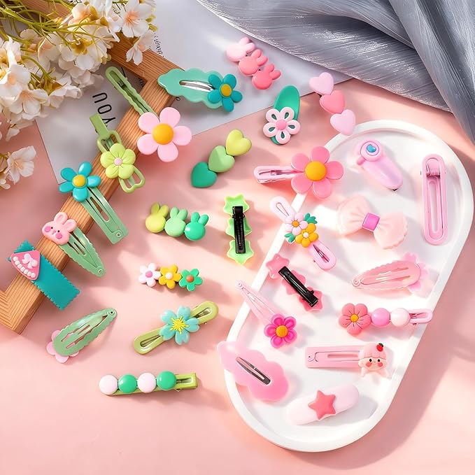 28pcs Cute Candy Hair Clip, Non-Slip Snap Clip for Teen Women, Star Flower Muti-Shape Hairpin Cute Barrettes Hair Accessories for Thin Thick Long Short Hairstyles- Pink & Green