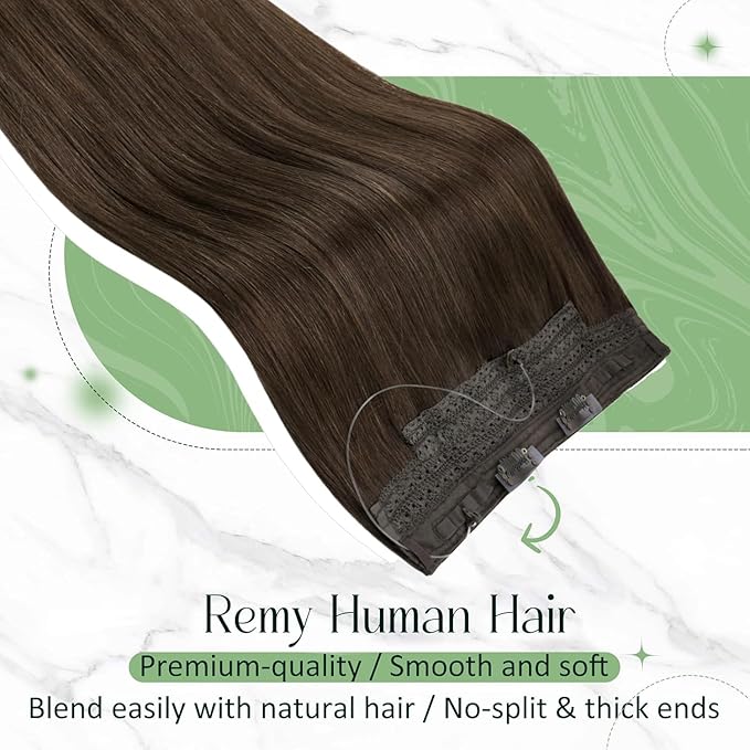 RUNATURE 20 Inch Wire Hair Extensions Real Human Hair, Invisible Wire Hair Extensions Brown 100g One Piece, Remy Soft Silky Hair, Easy to Install with Adjustable Transparent Fish Line #2 Dark Brown