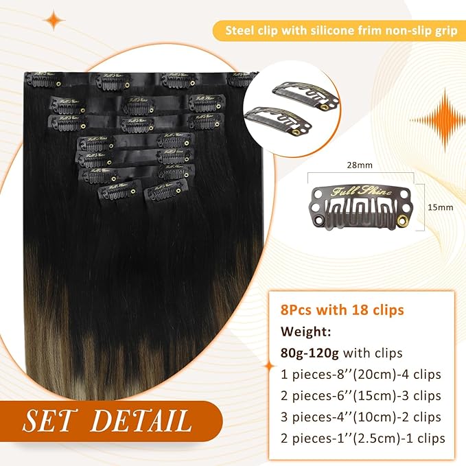 Full Shine Balayage Clip in Hair Extensions Real Human Hair 16 Inch Black to Light Brown with Honey Blonde Invisible Hair Extensions Ease of Use 8 PCS 120 G