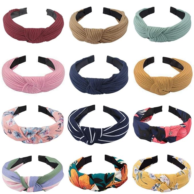 VELSCRUN 12 Pcs Womens Headbands Knotted Headbands for Women Wide Headband Boho Bandeau Knot Turban Headband Hair Band Elastic Hair Accessories for Women