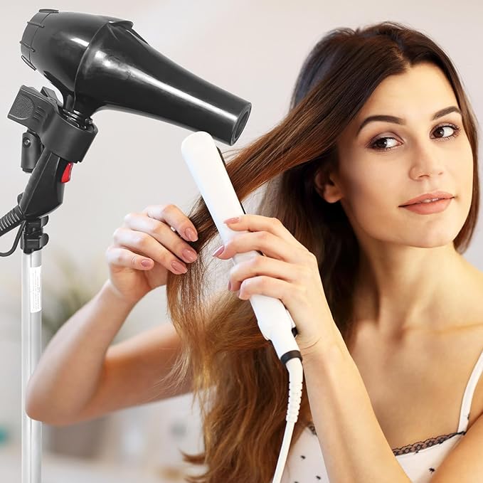 Adjustable Hands-Free Hair Dryer Stand Holder 360 Degree Rotation,Blow Dryer Holder Countertop With Non-Slip Tripod and Universal Clip