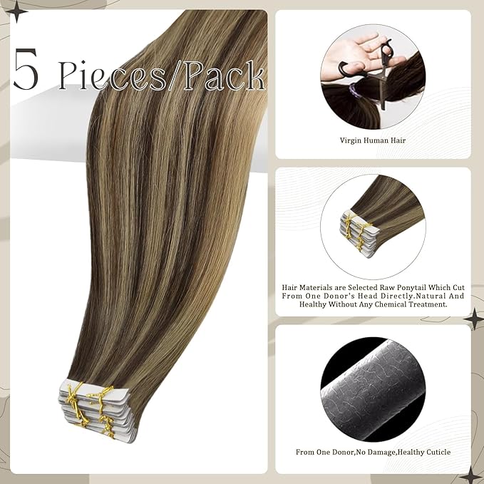 Full Shine Injected Tape in Hair Extensions 5Pcs Machine Remy Virgin Tape in Extensions Color BM Brown Seamless Invisible Extension 14 Inch Injection Human Hair Extension 10Gram Add Volume