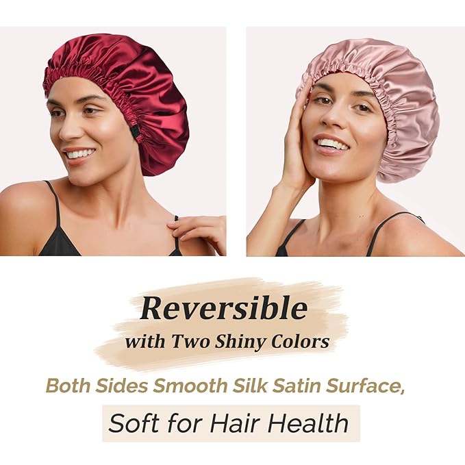 YANIBEST Adjustable Satin Bonnet Double Layer Hair Bonnet for Sleeping Bonnets for Women Hats Curly Natural Hair, Burgundy