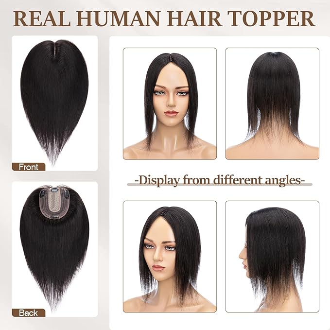 Rich Choices Hair Toppers for Women Real Human Hair 100% Human Remy Toppers NO Bangs for Women with Thinning on Top Clip in Hairpiece 4"x4.7"Lace Base 12 Inch #1B Natural Black