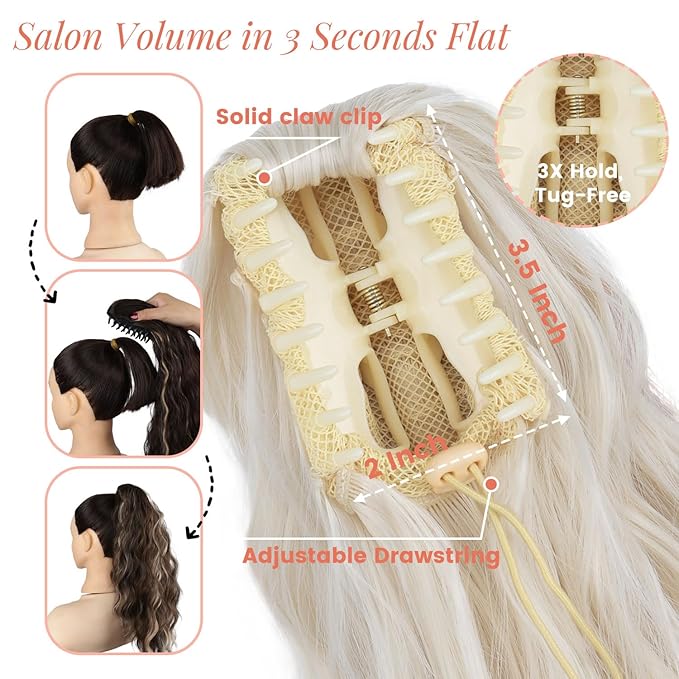 Claw Clip Ponytail Extension for Women 18 Inch Wavy Curly Fake Ponytail Clip in Hair Pieces Shoulder Length Fluffy Natural Synthetic Hairpiece for Daily Use (Light Blonde)