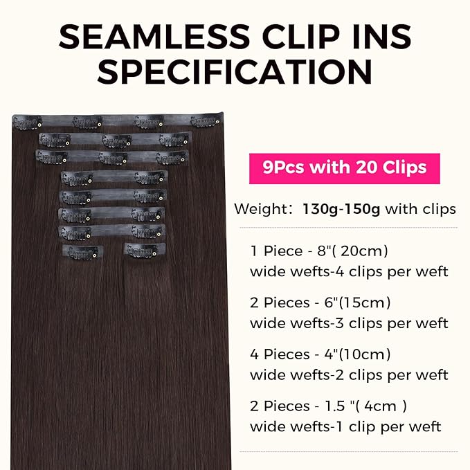 Lashey Seamless Clip in Hair Extensions Human Hair 130g 9pcs #2 Dark Brown Straight 14 Inch Clip in Hair Extensions Real Human Hair for Women