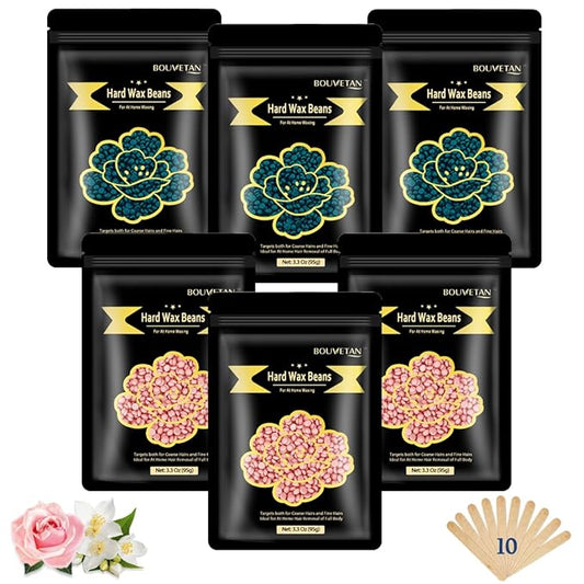 Wax Beads for Hair Removal, Bouvetan 1.3Lb/21oz Hard Waxing Beads for Brazilian Waxing, Waxing Beads for Eyebrow, Face, Bikini, Legs, Arms for Women Men Hair Removal with 10pcs Spatulas, 6 Packs