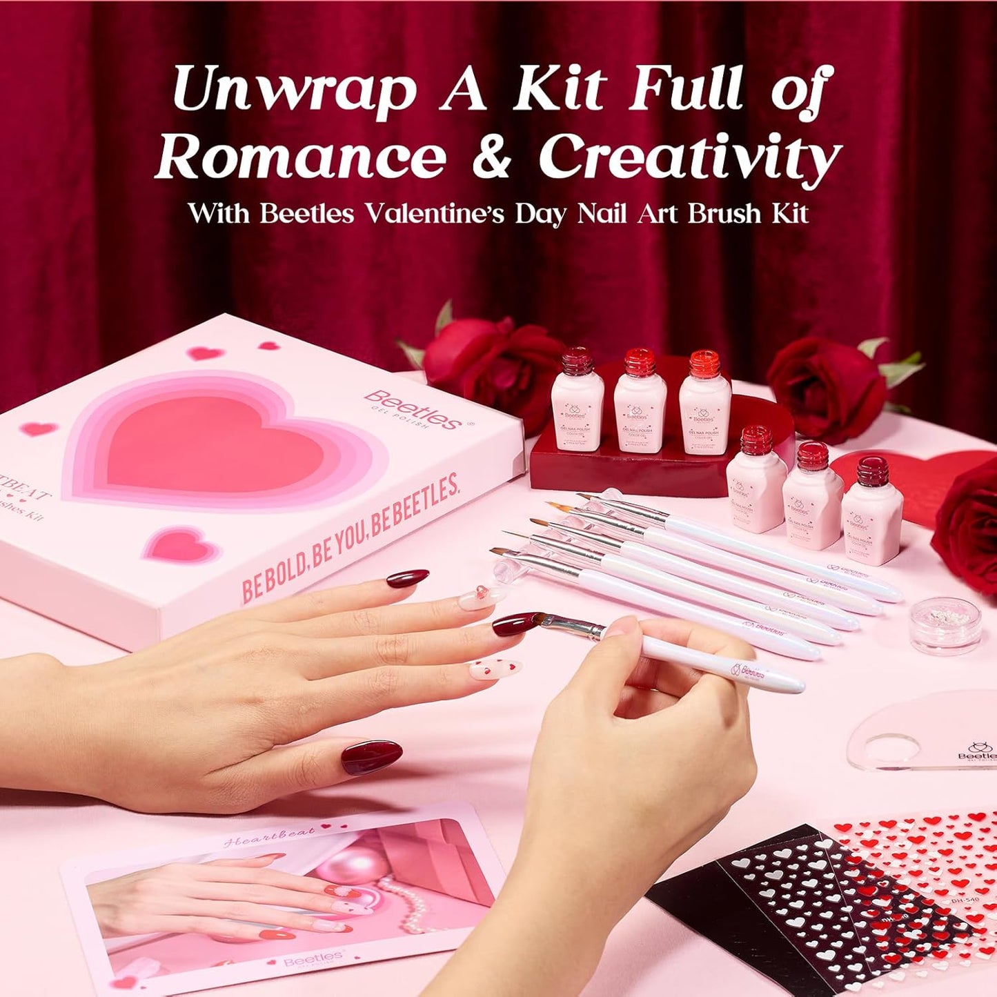 Beetles Red Gel Nail Polish & Nail Art Brushes Set-Heart Desire Multifunctional Nail Brushes Kit for Nail Art with Heart Nail Gems&Nail stickers Manicure Gift for Girls Women