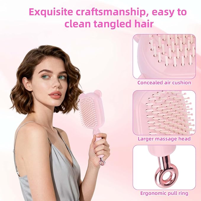 Retractable Air Cushion Massage Comb for Woman, Comfortable Self-Cleaning Detangling Hair Clean Brush with Pull Ring Anti-Static Comb for All Hair Types (Pink)