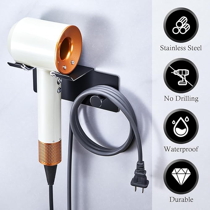 Hair Dryer Holder Wall Mount, Blow Dryer Holder for Wall, Adhesive Hairdryer Holders, Stainless Steel Blowdryer Holders Bathroom Hair Tool Organizer Hair Dryer Hanger Hook with Cord Storage (Black)