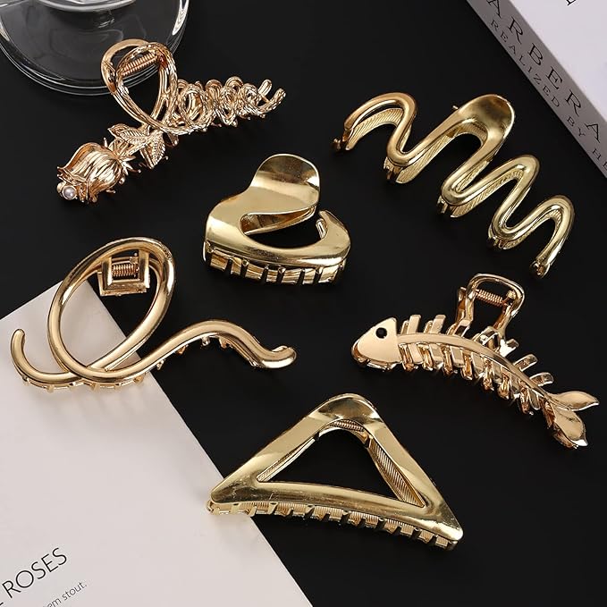 MHDGG Large Metal Hair Claw Clips for Women, 6-Pack Non-Slip Strong Hold Clips for Thin or Thick Curly Hair Styling (Gold)