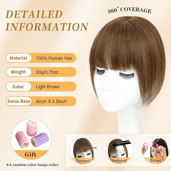 NAYOO Hair Toppers for Women Real Human Hair, 360° Cover Clips in Full Fringe Fake Bangs Hair Pieces for Women Girls Daily Wear(Light Brown)