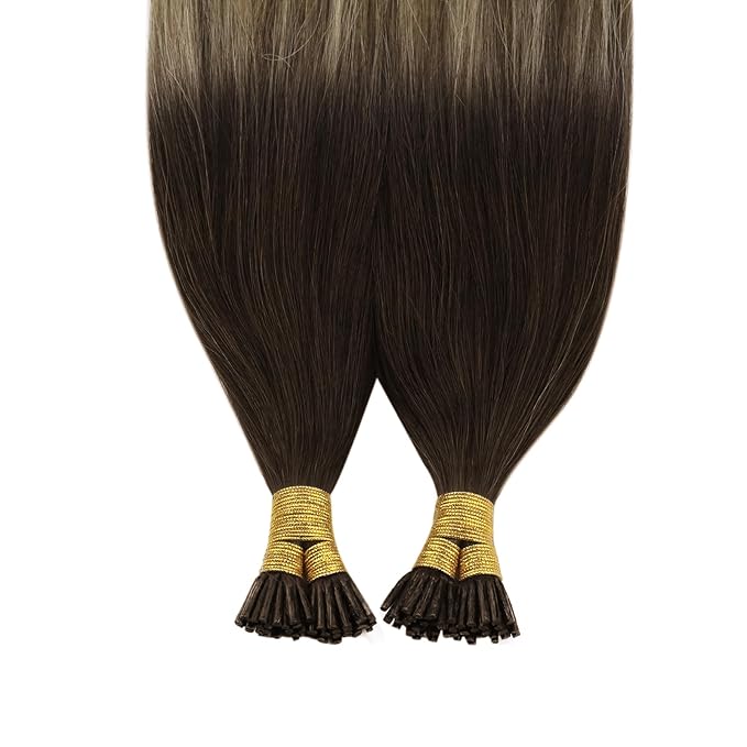 YoungSee I Tip Hair Extensions Human Hair Balayage Itip Hair Extension Real Human Hair Ombre Dark Brown to Brown with Blonde Itip Hair Extension 16 Inch Pre Bonded 80s 50g