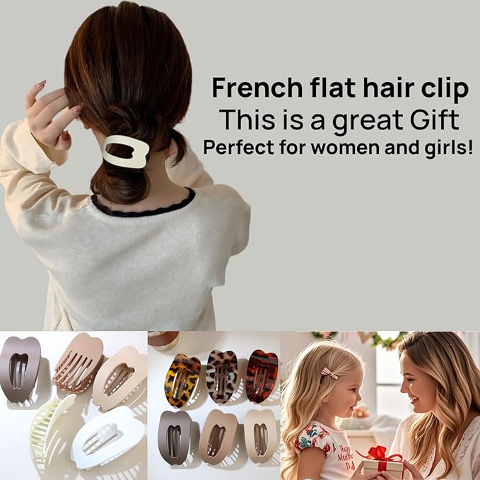 Women Flat Hair Clips,4-Pack French Large Matte Non-Slip Claw Hair Clips for Thick or Thin Hair (White, Black, Matte Khaki,Matte Dark Brown)
