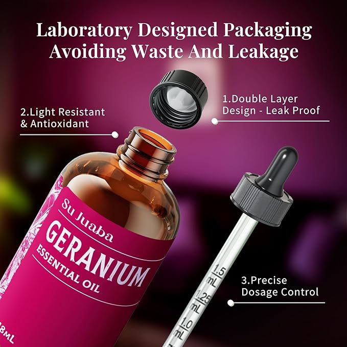 SU JUABA Geranium Essential Oil 4 Oz, 100% Pure & Natural Aromatherapy Oil for Diffuser, Skin Care, Hair & Massage - 118ML