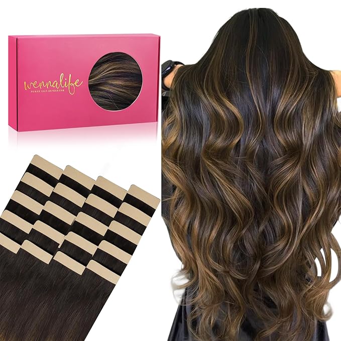 WENNALIFE Tape in Hair Extensions Human Hair, 20pcs 22 inch 50g Balayage Dark Brown Mixed Chestnut Brown Remy Tape Hair Extensions Real Human Hair Extensions Coloured
