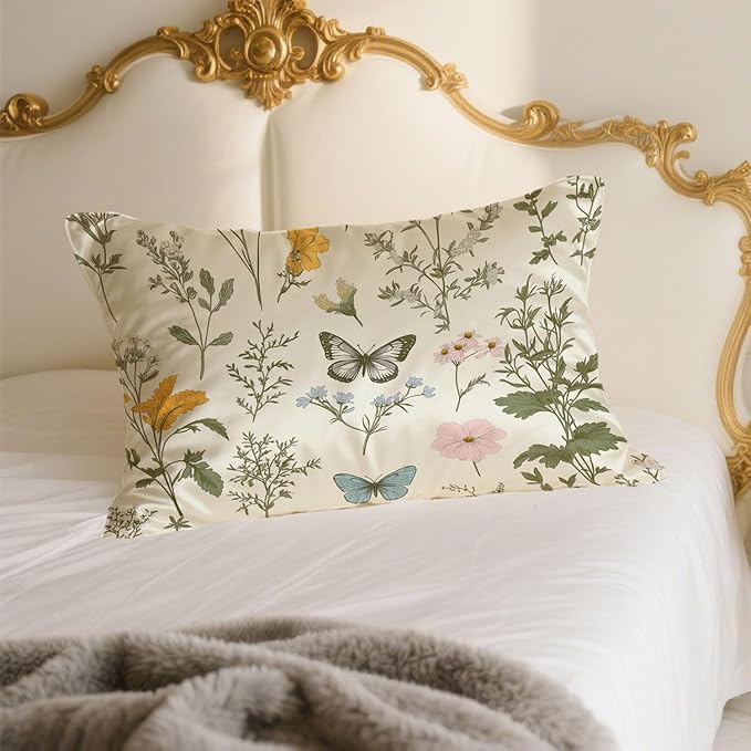 1 Pack Satin Pillowcase for Hair and Skin Vintage Wildflowers and Herbs Imitation Silk Pillowcase with Hidden Zipper Soft Breathable Pillow Cover Standard Size for Bedroom Sofa 20”x26”