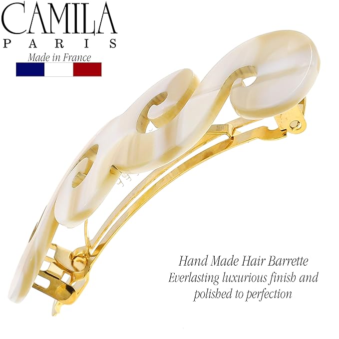 Camila Paris CP3169 French Hair Barrette Clip for Girls, Handmade, White, Gold Metal Clasp Strong Hold Grip Hair Clips for Women, No Slip and Durable Styling Girls Hair Accessories, Made in France