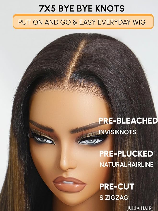 Julia Hair Chestnut Brown Ombre Yaki Straight 7x5 Pre Cut HD Lace Put On and Go Wig Bye Bye Knots Glueless Human Hair Wigs with Invisi Drawstring Pre Plucked Bleached Knots Beginner Friendly 20 Inch