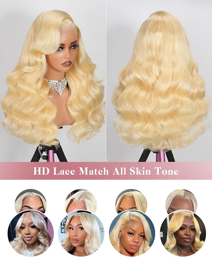 28 Inch 613 13x6 Lace Front Wig Human Hair 180 Density Blonde Wig Human Hair Body Wave 100% Real Human Hair True Length Random Dyeing No Shedding No Synthetics Triple Lifespan 3X