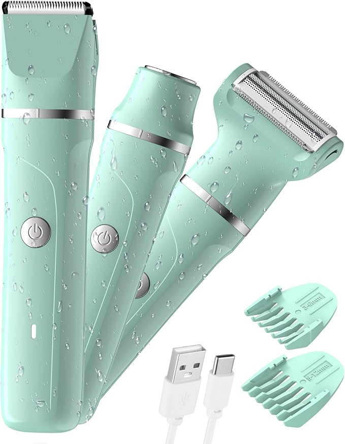 Bikini Trimmer for Women - 3 in 1 IPX7 Waterproof Electric Razors for Women,Body Pubic Hair Electric Shaver for Womens & Facial Hair Remover,Rechargeable Wet/Dry for Body,Underarm,Leg(Mint Green)