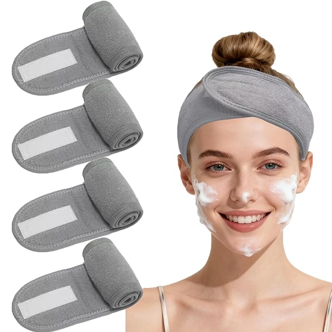 4 Pack Adjustable Makeup Headbands – Non-Slip Spa & Facial Hair Wrap, Washable Headband for Shower, Yoga, Gym, Salon & Home Use (Fits All), HZFD-CD