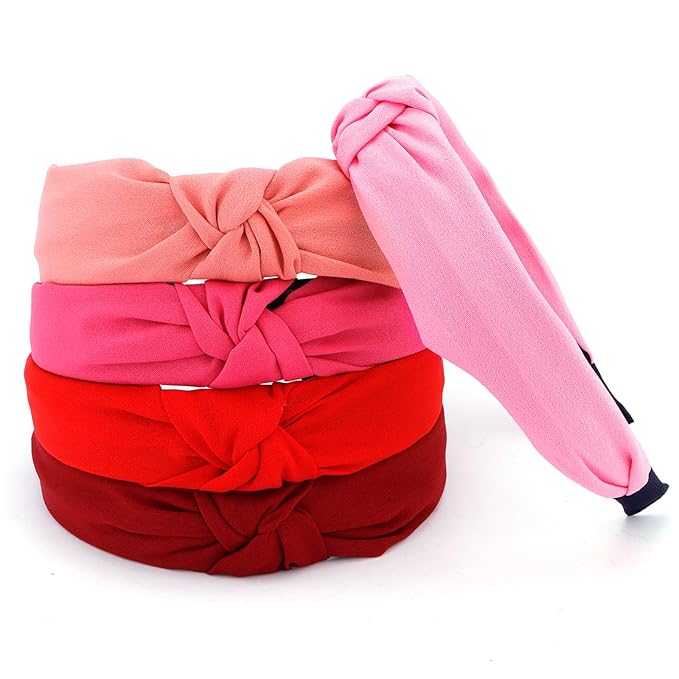 VELSCRUN 5 Pcs Wide Boho Knot Turban Headbands - Elastic Hair Accessories for Women and Girls, Pink, Red