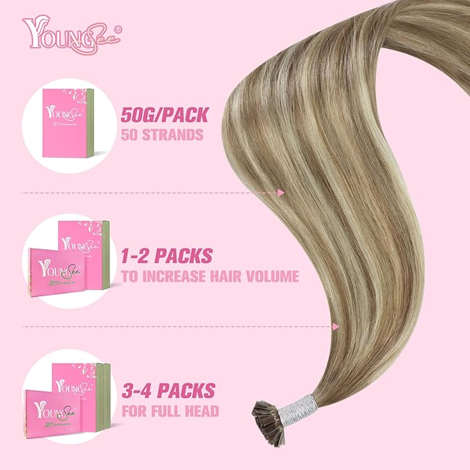 YoungSee Human Hair K Tip Hair Extensions Balayage Light Brown and Platinum Blonde Ktips Remy Hair Extensions 1G/S 50G 20In