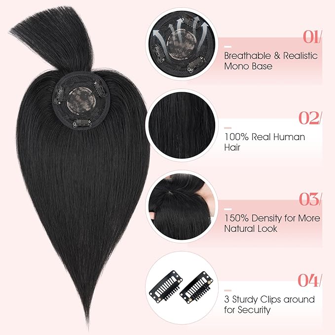 Hairro Mono Hair Toppers with Bangs, 3.4" x 3.4" Mono Base 100% Real Human Hairpieces for Women, 150% Density Clips In Topper for Greyish Thinning Hair, 10 Inch Jet Black