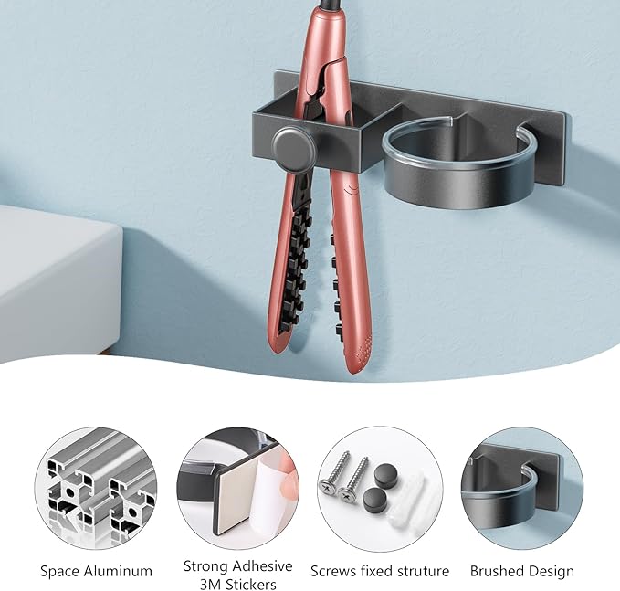 YUET Hair Dryer Holder Hairdryer Straightener Station Wall Mounted/Self Adhesive Metal Spiral Shelf Bracket Stand Hanger Organizer Blow Storage With Cable Tidy Rack For Dressing Table Bathroom (Grey)