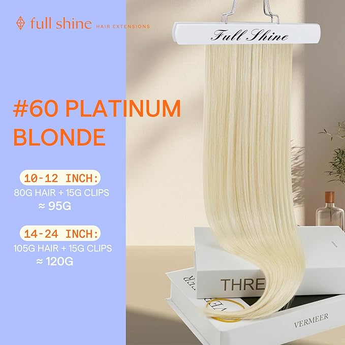 Full Shine Platinum Blonde Hair Extensions Clip ins Blonde Clip in Extensions Real Human Hair Seamless Hair Extensions for Women Triple Weft 16 Inch 7 Pcs 120 G