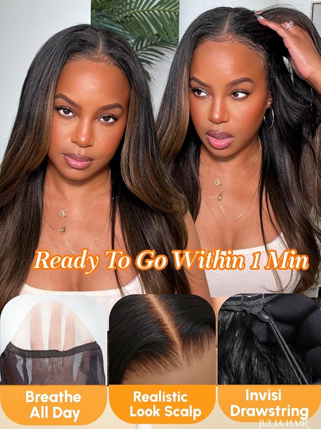 Julia Hair Chestnut Brown Ombre Yaki Straight 7x5 Pre Cut HD Lace Put On and Go Wig Bye Bye Knots Glueless Human Hair Wigs with Invisi Drawstring Pre Plucked Bleached Knots Beginner Friendly 16 Inch