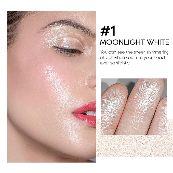 Baked Highlighter Powder Palette, Makeup Highlighter Powder Palette Sheer Shimmering Finish Face Highlighters Makeup Iluminadores de Maquillaje #01 Moonlight White
